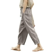 VBARHMQRT Female Linen Pants Women Plus Solid Lace up Trouser Pant Casual Baggy Elastic Waist Trouser Wide Leg Pant with Pocket Fashion Pant Linen Dress Pants Women 2024 Linen Wide Leg Pants for Women
