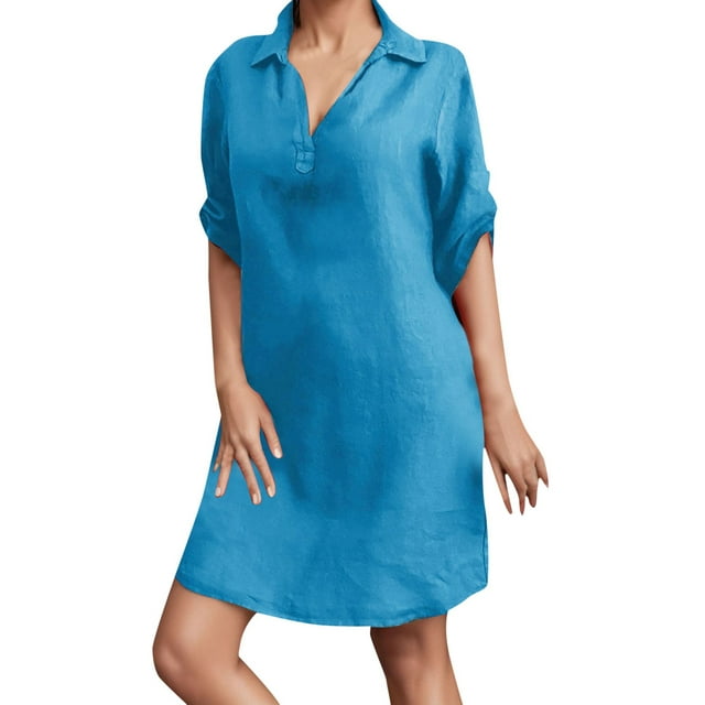 VBARHMQRT Female Linen Shirt Dress Women Dresslinenv Neck ...