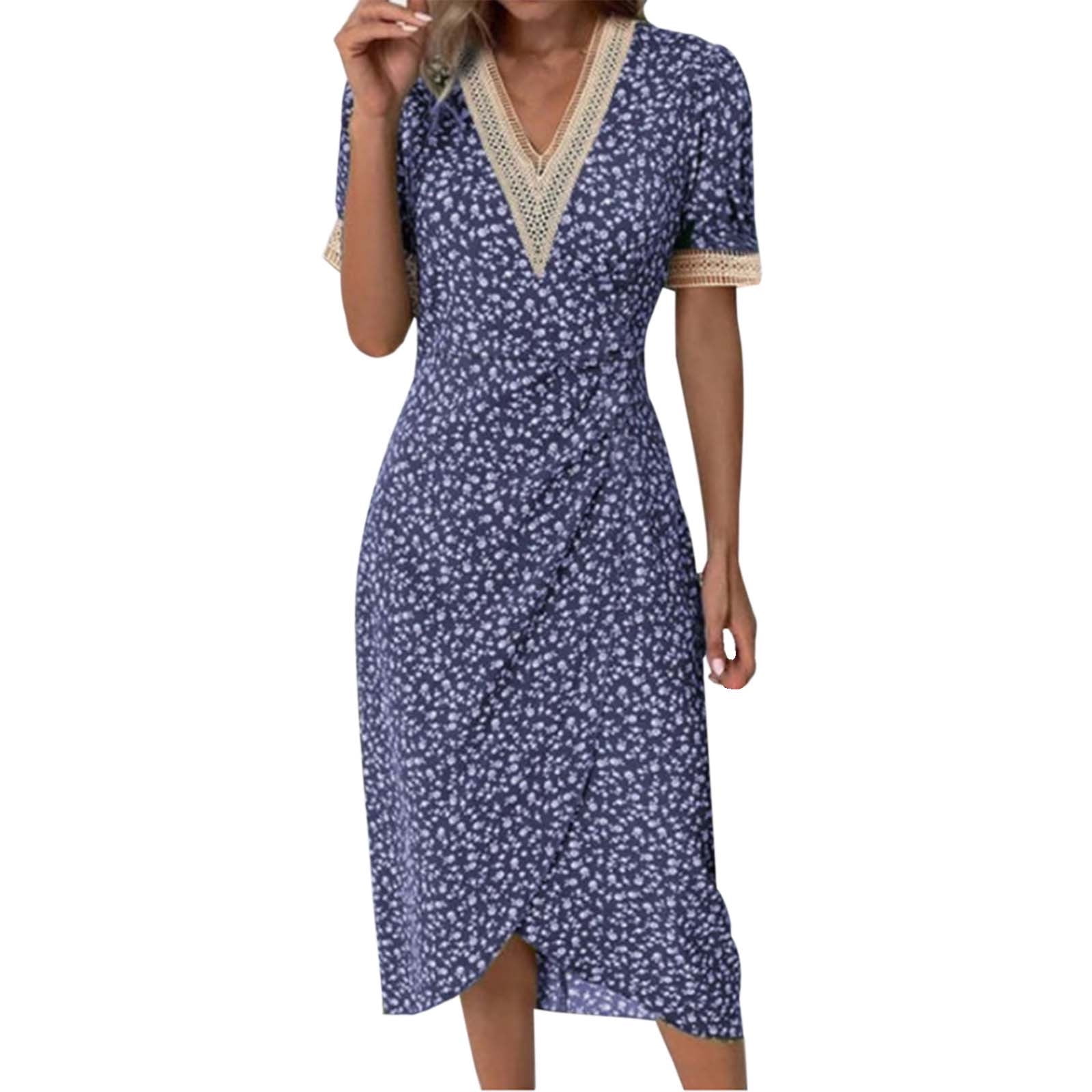 V-Neck Bubble Sleeve Dress Printed Floral Blue Wedding Guest Dresses