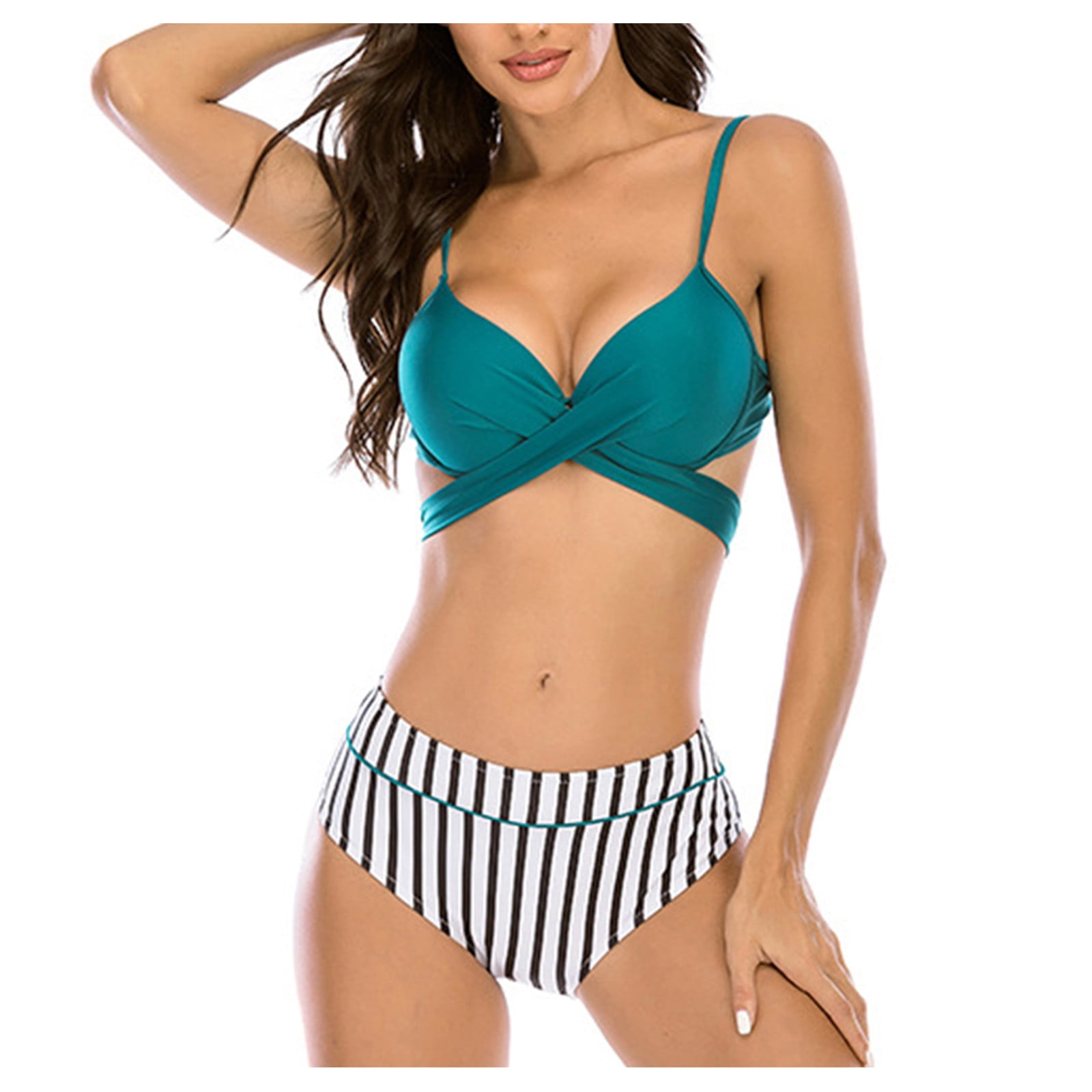 Vbarhmqrt Female Plus Size Swimwear 2 Piece Bikini Swimsuit Stripe Color Solid Bikini High Waist