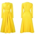 thumbnail image 1 of VBARHMQRT Holiday Party Dresses for Women 2024 Trendy Women Long Dress Spring Dresses V Neck Long Sleeve Pleated Midi Dress with Belt Off Shoulder Dresses for Women Dresses for Women, 1 of 9