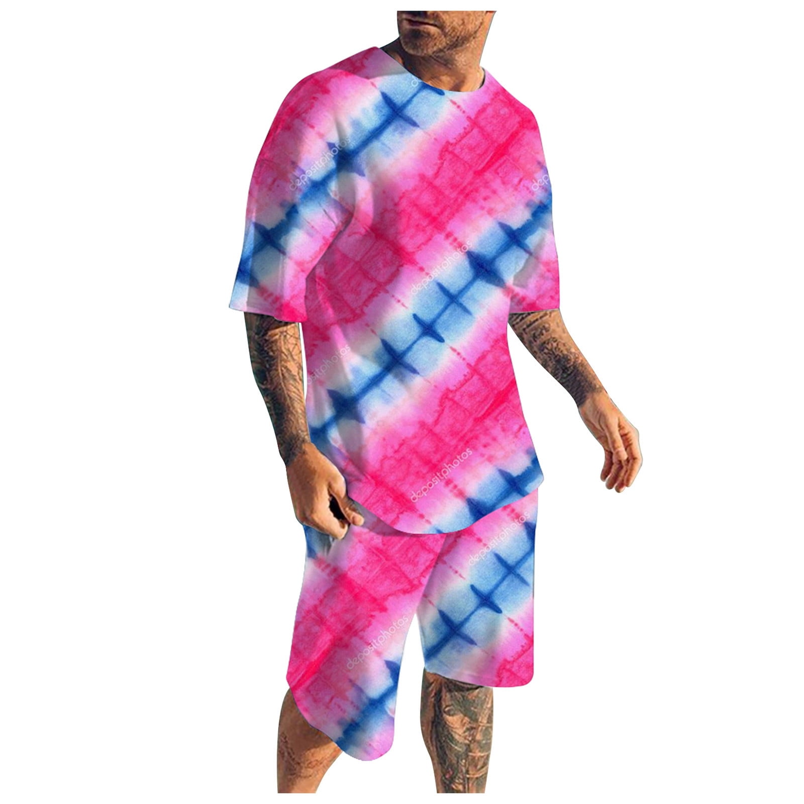 VBARHMQRT Mens Summer Outfits Big and Tall Pants Men Summer Outfit Beach Short Sleeve Gradient Ramp Printed Shirt Short Suit Shirt Pants Suit 80S Outfit for Men Italian Summer Outfits Walmart