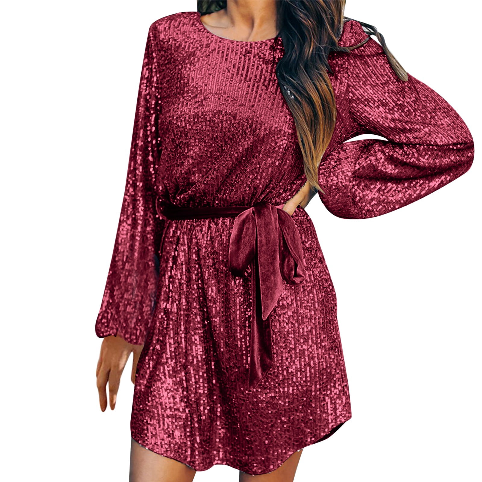Glitter Sequin Round Neck Mother of the Bride Dresses with Sleeves main image 1