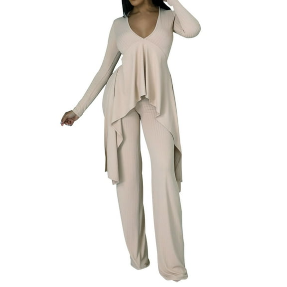 VBARHMQRT Pant Suits for Women Plus Size Dressy Wedding Fashion Casual Long Sleeve V Neck Irregular Two Piece Set Dressy Pant Suits for Women for Prom Pant Sets Women 2 Piece Outfits Dressy Plus Size