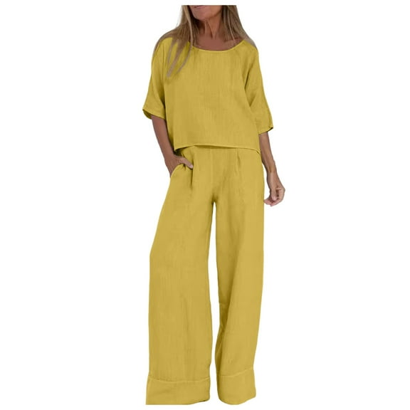 VBARHMQRT Pants Set Women 2 Piece Outfit Fashion Solid Casual Loose Seven Quarter Sleeve Wide Leg Pantsuit Two Piece Pants Sets for Women Summer Sexy