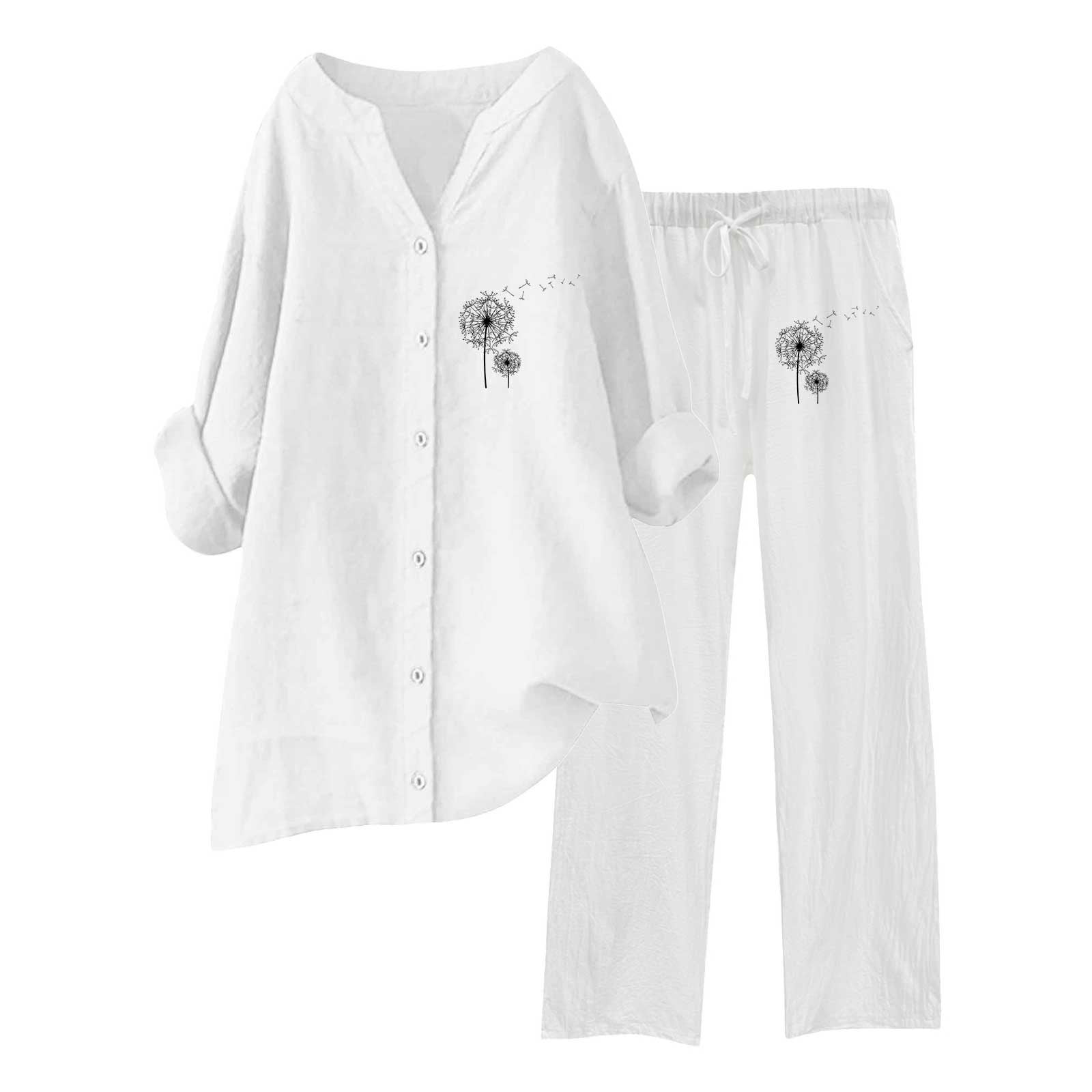 VBARHMQRT Petite Linen Pants for Women Petite Length 2 Piece Outfits Wide Leg Blouse Pockets
