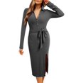 thumbnail image 1 of VBARHMQRT Plus Size Dresses New Button Slit Long Sleeved Ribbed Fashion Dress Slim and Slim Temperament Package Mid Length Skirt Black Dresses for Women Sexy Birthday Spring Dresses for Women, 1 of 5