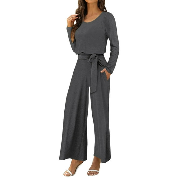 VBARHMQRT Plus Size Jumpsuit Dressy Wedding Petite Solid Colored Collarless Long Sleeve Cinching Pencil Pant Suit with Pockets and Waist Belt Flared Jumpsuit Denim Long Sleeve Romper Dress Holiday