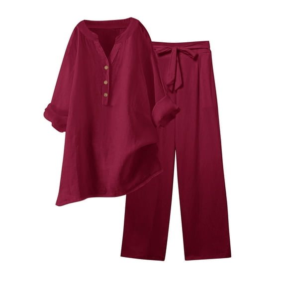 VBARHMQRT Print Pants Sets Women 2 Piece Outfits Dressy Summer 2 Piece Outfits Wide Leg Blouse Pockets Elastic Pants Sets Casual V Neck Shirt Trousers Fashion Streetwear Velour Tracksuit