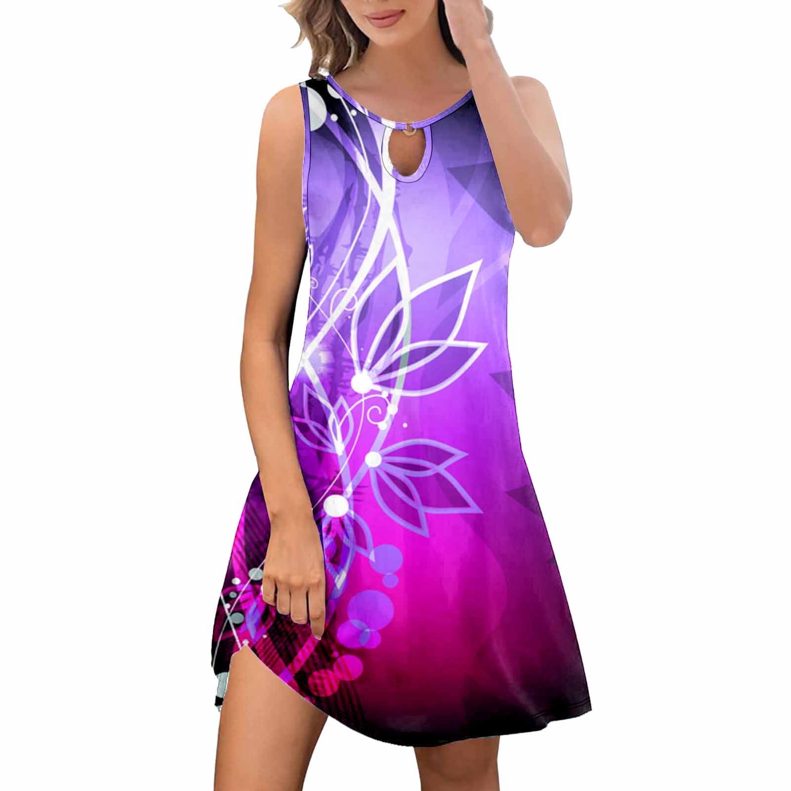 Vbarhmqrt Sexy Mini Dress Summer Dresses For Women Trendy Boho Floral Print Cover Up Crew Neck 9737