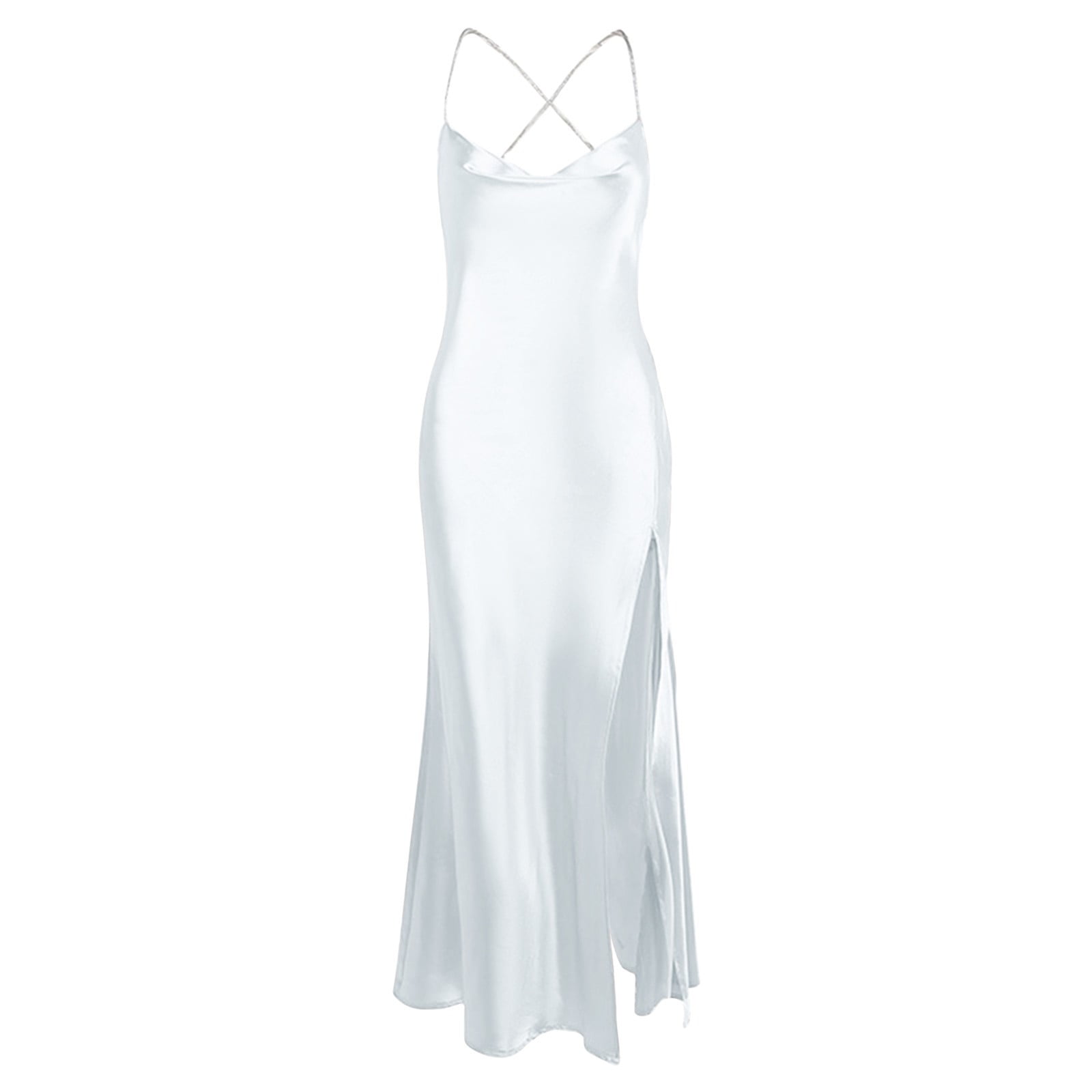 Women's Satin Off Shoulder Backless Maxi Dress - Elegant Cowl Neck Spaghetti Strap Formal Wedding Guest Dress