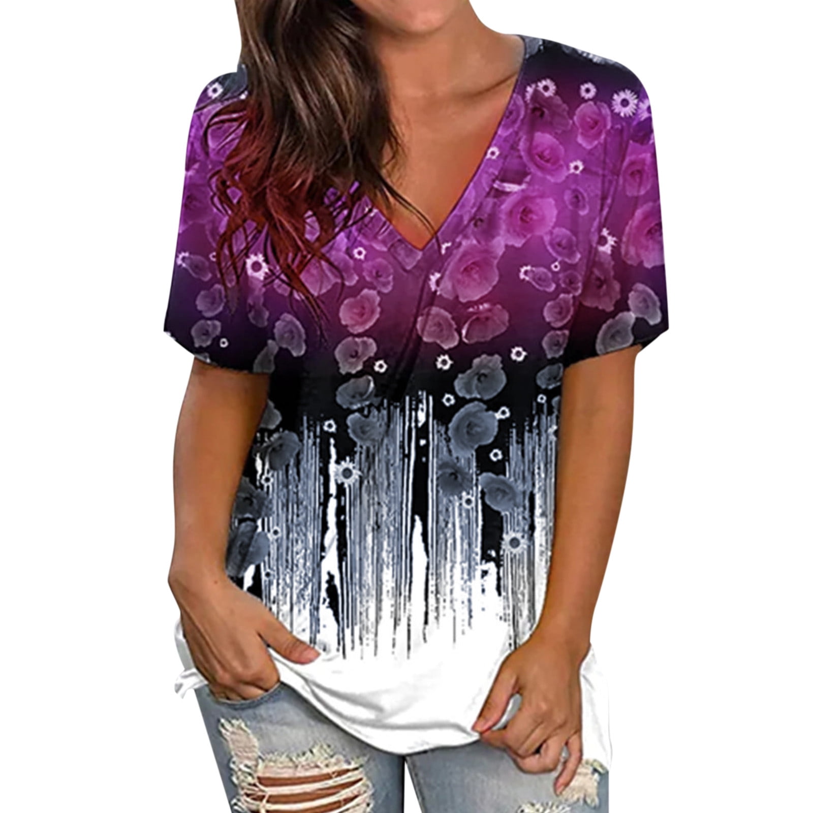 VBARHMQRT Spring Boho Tops for Women 2024 Womens Summer Print Tops V