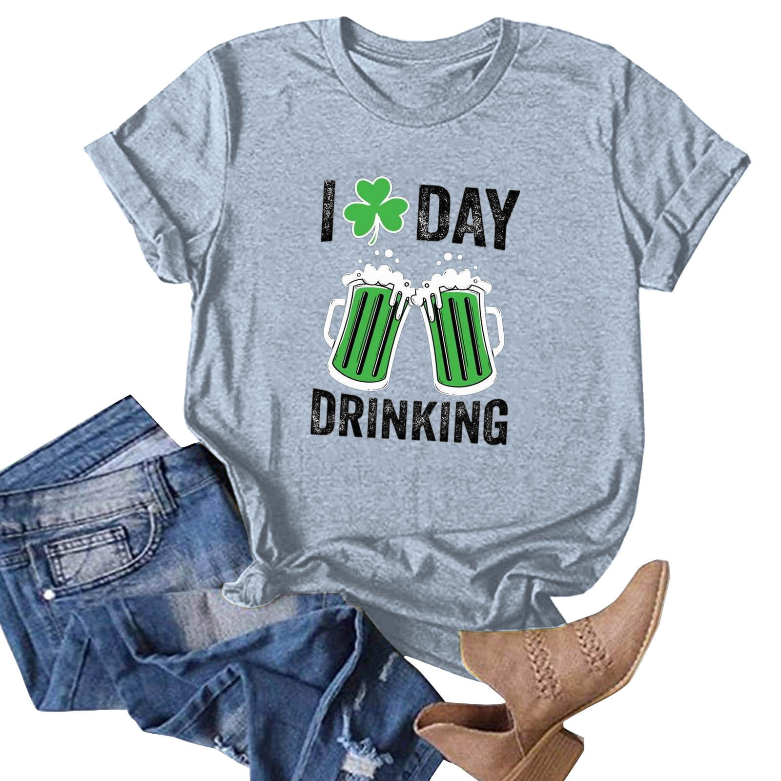 VBARHMQRT Summer White Tops Women T Shirt Short Sleeve Four Leaf Printing Casual Loose Fit Round