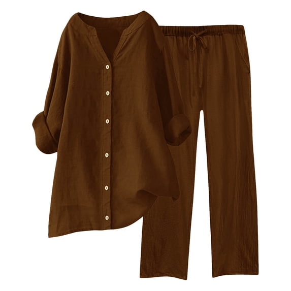 VBARHMQRT Two Piece Pants Set for Women Summer 2 Piece Outfits Wide Leg Blouse Pockets Elastic Pants Sets Casual V Neck Shirt Trousers Fashion Streetwear Pants Suit Women Dressy
