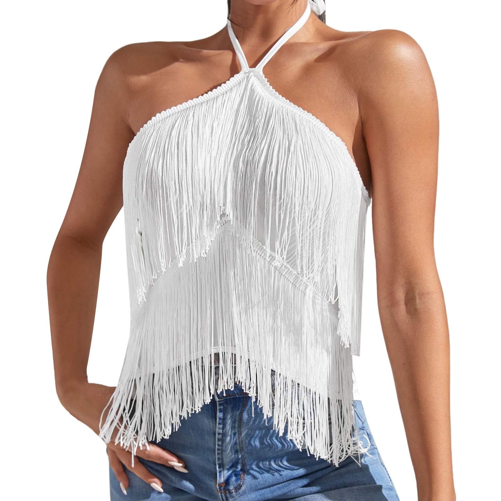 Vbarhmqrt White Tank Tops Women Womens Hollowed Out Fashion Tassel Suspender Hanging Neck Top 6647