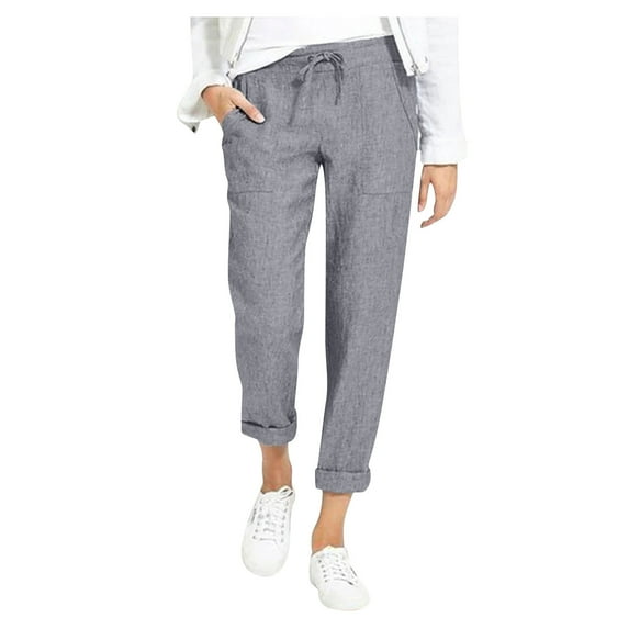 VBARHMQRT Women Linen Pants Xs Women's Linen Trousers Summer Bottoms with Pockets Trousers Drawstring Long Pant Linen Pants for Women Petite Length Linen Capris for Women