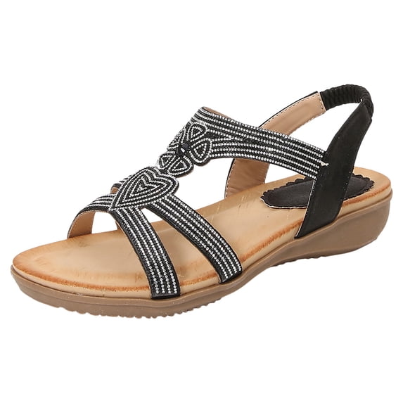 VBARHMQRT Womens Dress Sandals for Wedding Shoes Boho Style Flip Flops Beaded Rhinestone Buckle Stretch Heel Elastic Strap Sandals Womens Slide Sandals Comfortable Dressy Cute Sandals for Woman Sexy