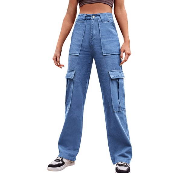 VBARHMQRT Womens Joggers Petite Length Casual High Waisted Cargo Pants Wide Leg Casual Denim Trousers Multi Pocket Cargo Jeans High Waisted Slacks for Women Dressy Petite