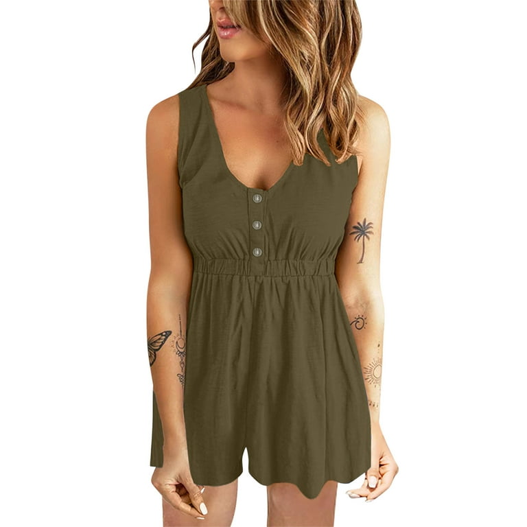 VBARHMQRT Womens Jumpsuit Tummy Control Loose Summer Casual Shorts Jumpsuit  Plain Scoop Neck Button Down Sleeveless Tank Top Rompers with Pockets