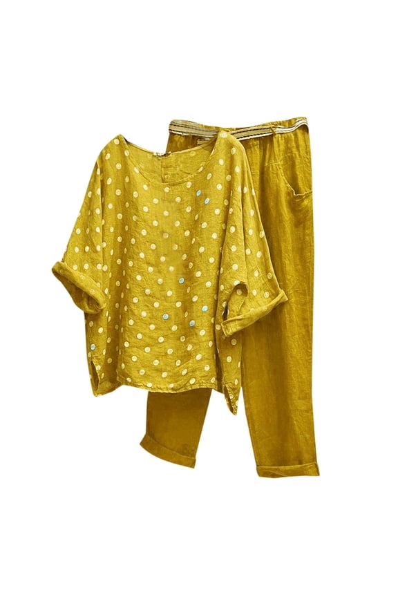 Womens Linen Pants Petite Length Sets Casual Wave Point Prints Linen Button Shirt High Waist Loose Pocket Pant Two Piece Top and Bottom Set Womens Linen Pants Sets 2 Piece Outfits