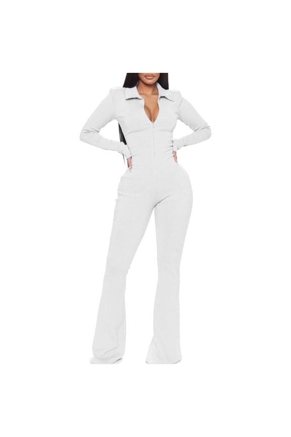 Womens Rompers and Jumpsuits Dressy Autumn Ladies Office Rompers Flare Pants Zipper Long Sleeve Turndown Collar Plus Size Jumpsuits Flare Jumpsuits for Women Long Sleeve Petite