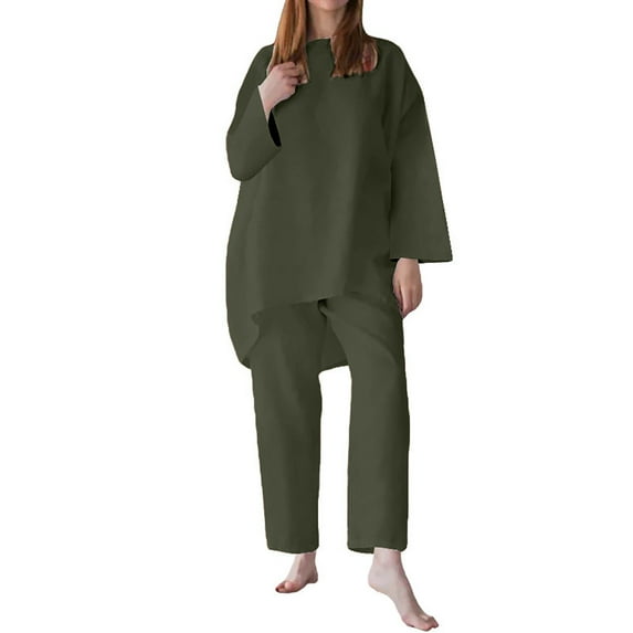 VBARHMQRT Womens Sweatsuits Loose Solid Color Cotton and Linen Fashion Casual Long Sleeved Shirt Top Trousers Two Sets Wide Leg Pant Sets Women 2 Piece Outfits Plus 2 Piece Pants Set for Women Dressy