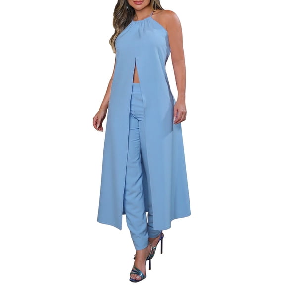 VBARHMQRT womens Pant Suit Women's Casual Hanging Neck Sleeveless Solid Color Backless Loose Top High Waist Pants Suit Sweatsuits for Women Set 2 Piece Black Pants Set for Women Dressy