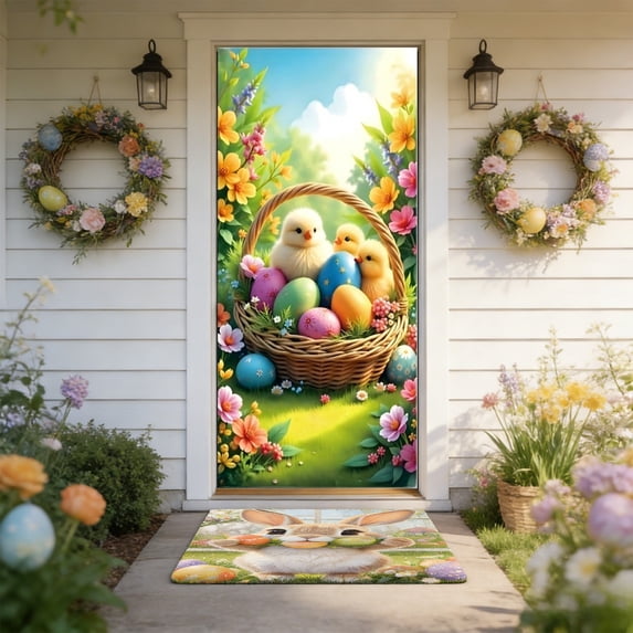 VBBHG Front Door Covers Decorative, Easter Bunny Design Door Curtain 71 x 35 Inch for Porch Outdoor Indoor Home Decor