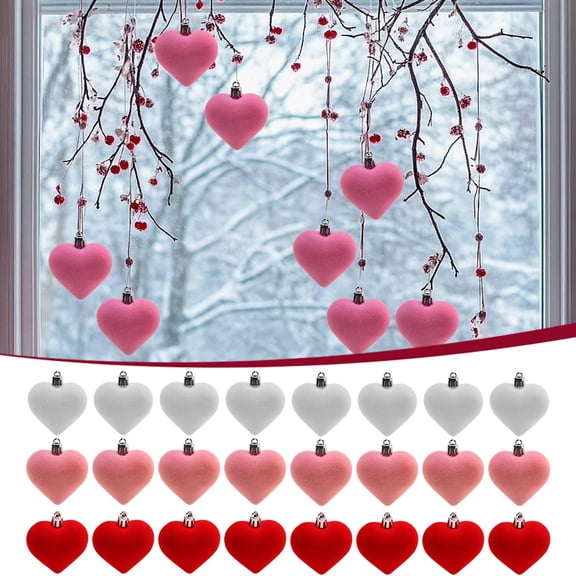 VBBHG Mini Heart Velvet Ornaments 24 PCS 1.7 in for Christmas Tree Valentines Day Decorations Indoor Hanging Flocked Hearts Shape Baubles