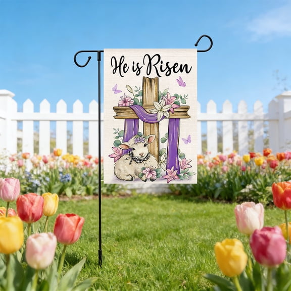 VBBHG He is Risen Easter Christian Decorative Garden Flag, Religious Cross Lamb Lily Flower Yard Outside Decorations, Spring Eucalyptus Leaves Butterfly Outdoor Small Home Decor Double Sided