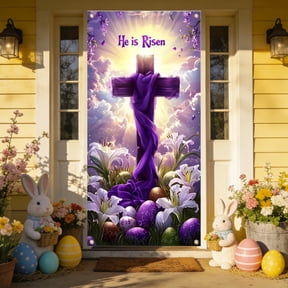 VBBHG He is Risen Easter Door Cover - Religious Christian Decorations with Cross & White Lilies, Purple Resurrection Sunday Banner for Front Door, Holy Week Church Home Wall Backdrop Decor