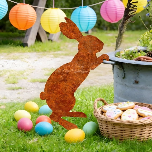 VBBHG Rustic Metal Rabbit Garden Decor Rusty Hanging Bunny Ornament with Hook Hand for Flower Pot Fence Edge Metal Easter Spring Yard Art for Outdoor Indoor