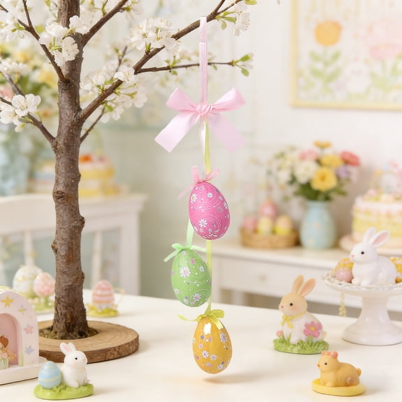VBBHG Spring New Artificial Flowers Arrival Easter Egg Garland - Foam Wrapped Paper Eggs & Bunny Decorations, Festive Hanging Ornaments for Easter Party