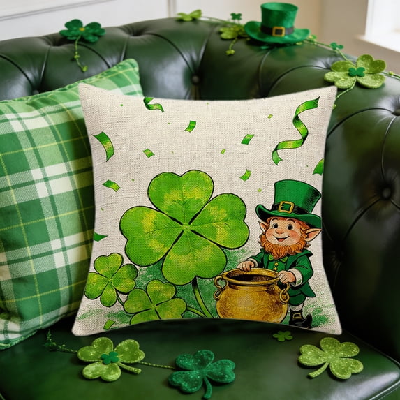 VBBHG St Patricks Day Shamrock Dwarf Gnome Pillow Cover, 17.71x17.71 Inch Clover Gold Coins Tiny Ladybug Cushion Case Decoration for Sofa Couch
