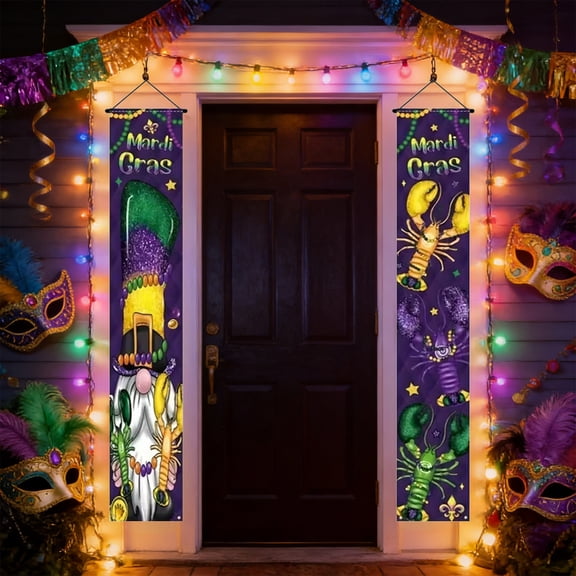 VBBHG Welcome Mardi Gras Purple Porch Banner Sign, 5.9x1 ft Fleur De Lis Love Heart New Orleans Carnival Front Door Decorative Hanging Banner Flag,