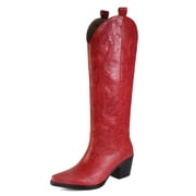 VBDB Suede Cowboy Knee High Boots Women Pointed Toe Chunky Heel Embroidered Western Cowgirl Boots