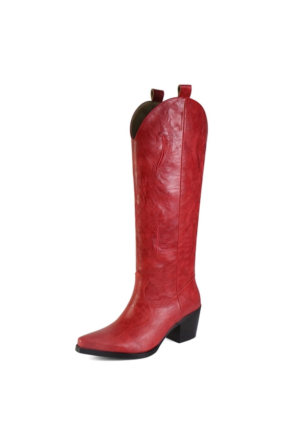 Suede Cowboy Knee High Boots Women Pointed Toe Chunky Heel Embroidered Western Cowgirl Boots