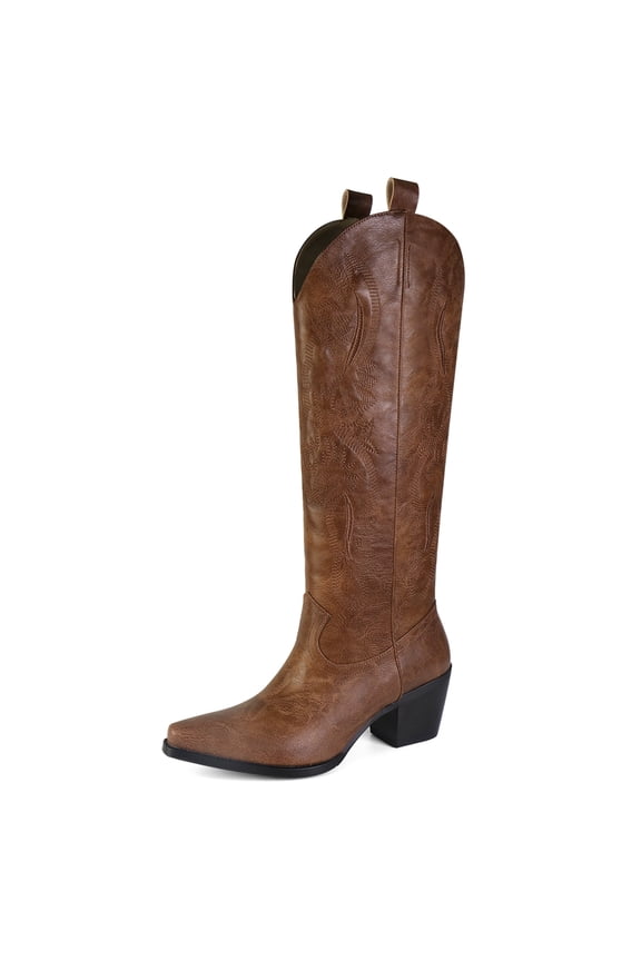 Suede Cowboy Knee High Boots Women Pointed Toe Chunky Heel Embroidered Western Cowgirl Boots