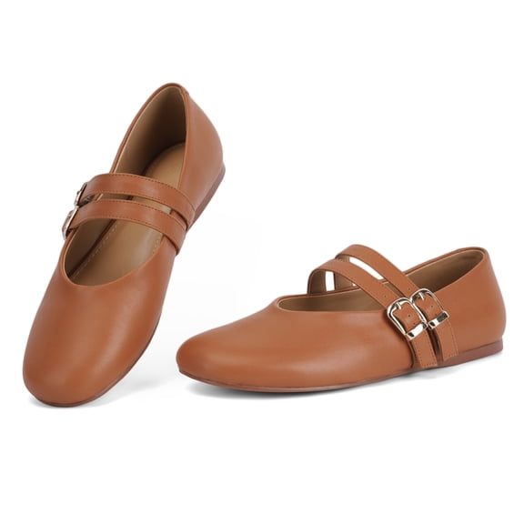 VBDB Women's PU Mary Jane Flats, Round Toe Ballet Flats with Double Buckle Straps