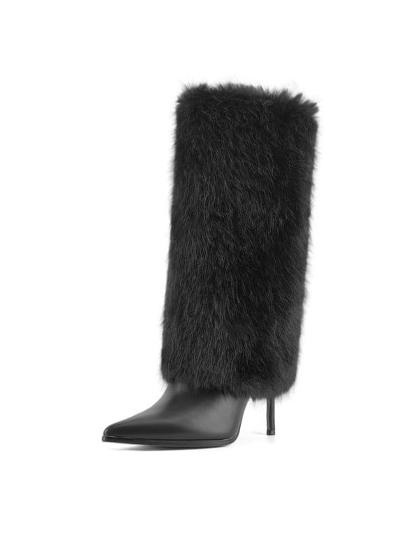 Women Pointed Toe Faux Fur High Fashion Boots, Stiletto Heel Fold‑Over Furry Tall Dress Boots For Party Club Evening
