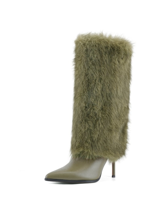 Women's Green Faux Fur Knee High Boots, Pointed Toe Stiletto Heel