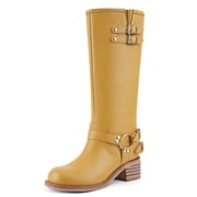 VBDB Women Round Toe Knee High Fashion Boots,Faux Leather Low Block Heel Pull On Tall Riding Boots For Daily Casual Wear