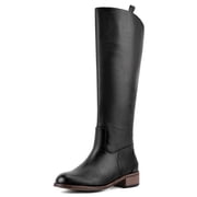 VBDB Women Round Toe Pull On High Knee High Fashion Boots, Black Faux Leather Low Block Heel Tall Riding Boots For Casual Daily Wear
