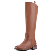 VBDB Women Round Toe Pull On High Knee High Fashion Boots, Brown Faux Leather Low Block Heel Tall Riding Boots For Casual Daily Wear