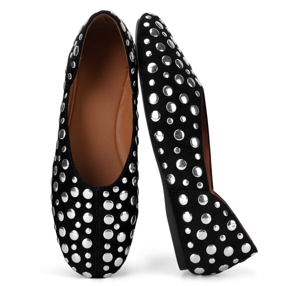 VBDB Women Square Toe Studded Ballet Flats, Metallic Studs Slip‑On Casual Flat Shoes For Daily Party