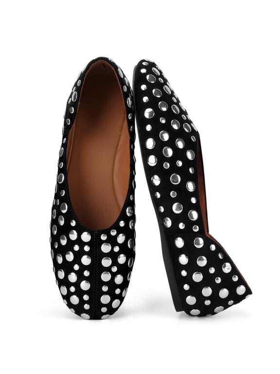 Women Square Toe Studded Ballet Flats, Metallic Studs Slip‑On Casual Flat Shoes For Daily Party