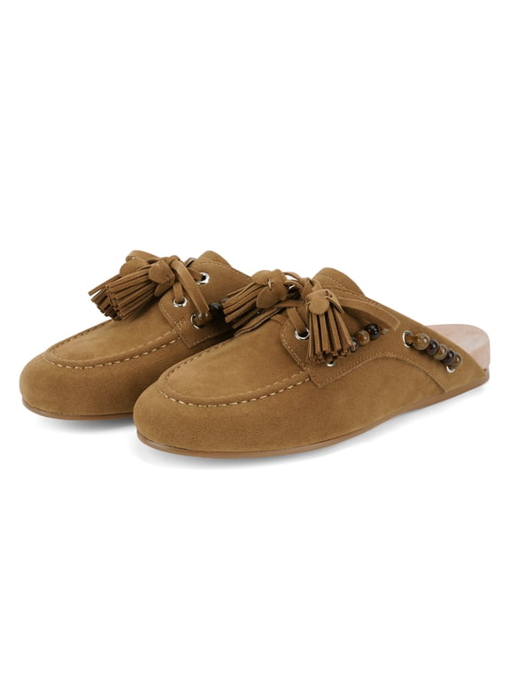 Women Suede Mule Flats, Tassel Beaded Slip‑On Backless Mules Round Toe Casual Loafer Mules For Daily Wear