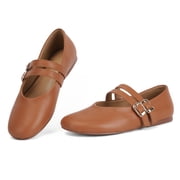 VBDB Suede Mary Jane Flats for Women Perforated Round Toe Ballet Flats Comfortable Ballerina Shoes with Double Buckle Strap