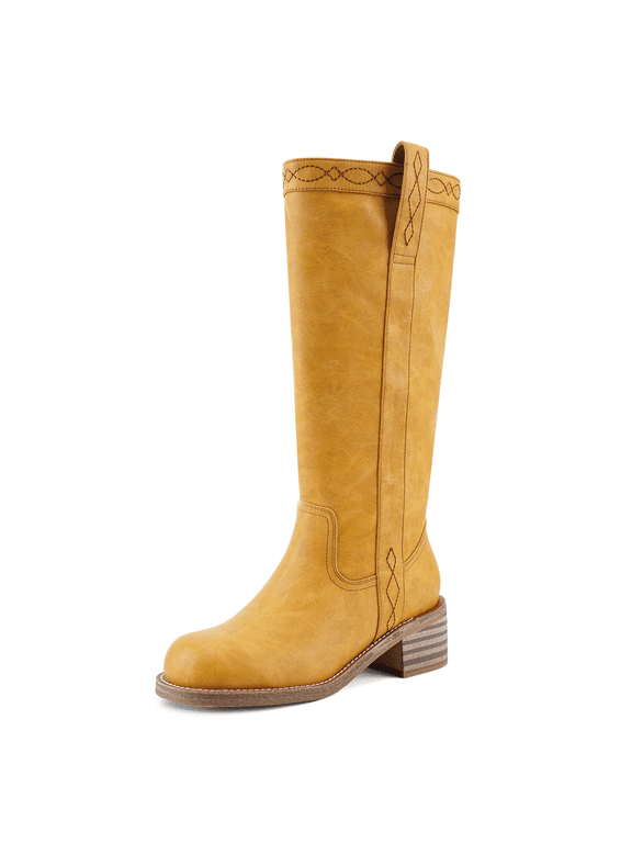 Women's Knee High Boots Chunky Block Heel Long Boots Square Toe Low Heel Boots for Women