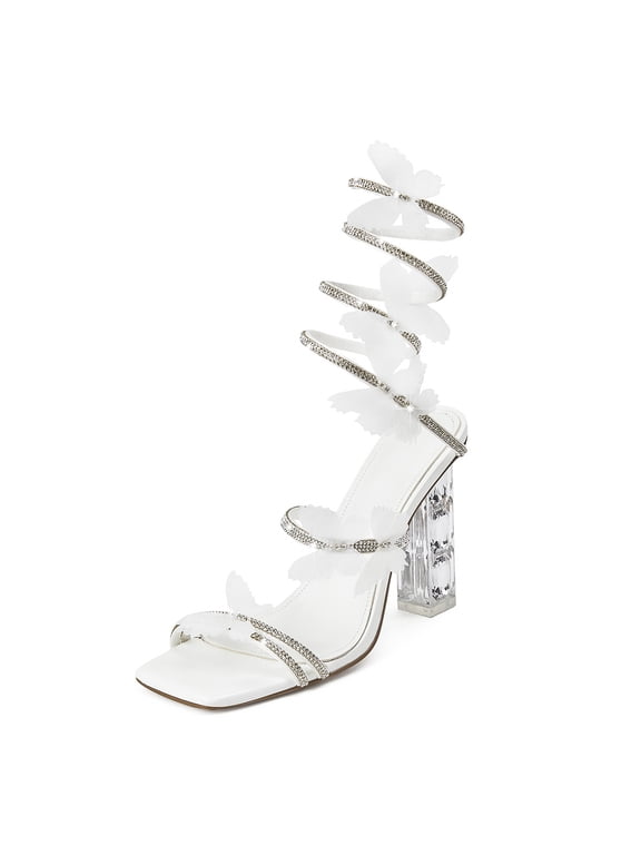 Women's Square Open Toe Butterfly Rhinestone Wrap Ankle Sandals, Clear Block Chunky Heel Dress Party Heeled Sandals